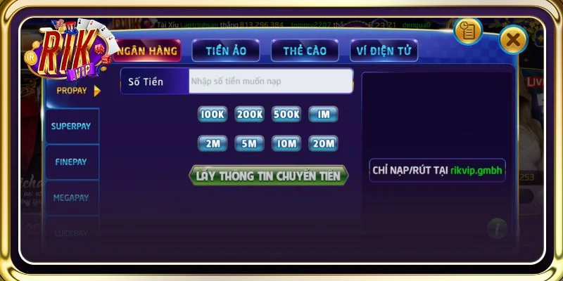Nạp tiền RIKVIP bằng tài khoản ngân hàng là phương thức thanh toán quen thuộc